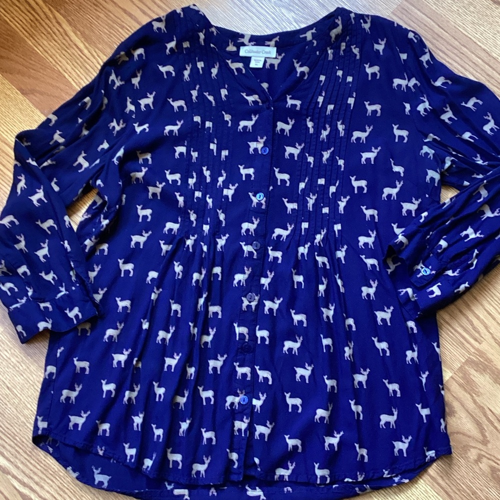 Coldwater Creek Blue Blouse with Deer Print